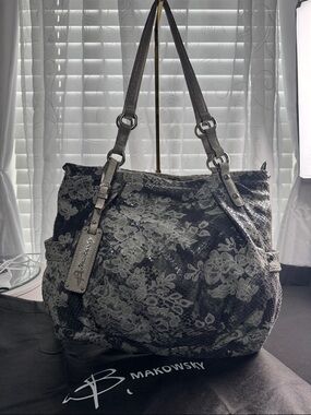 B. Makowsky Metallic Gray Floral Embossed Shoulder Hobo Bag